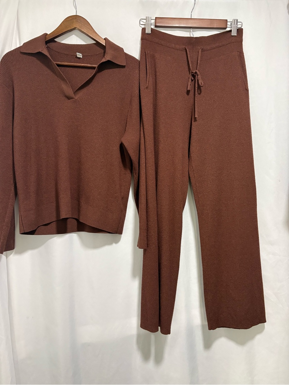 UNIQLO Knit Ribbed Loungewear Set Brown Polo Sweater Wide Leg Pants Size Large - Picture 5 of 6